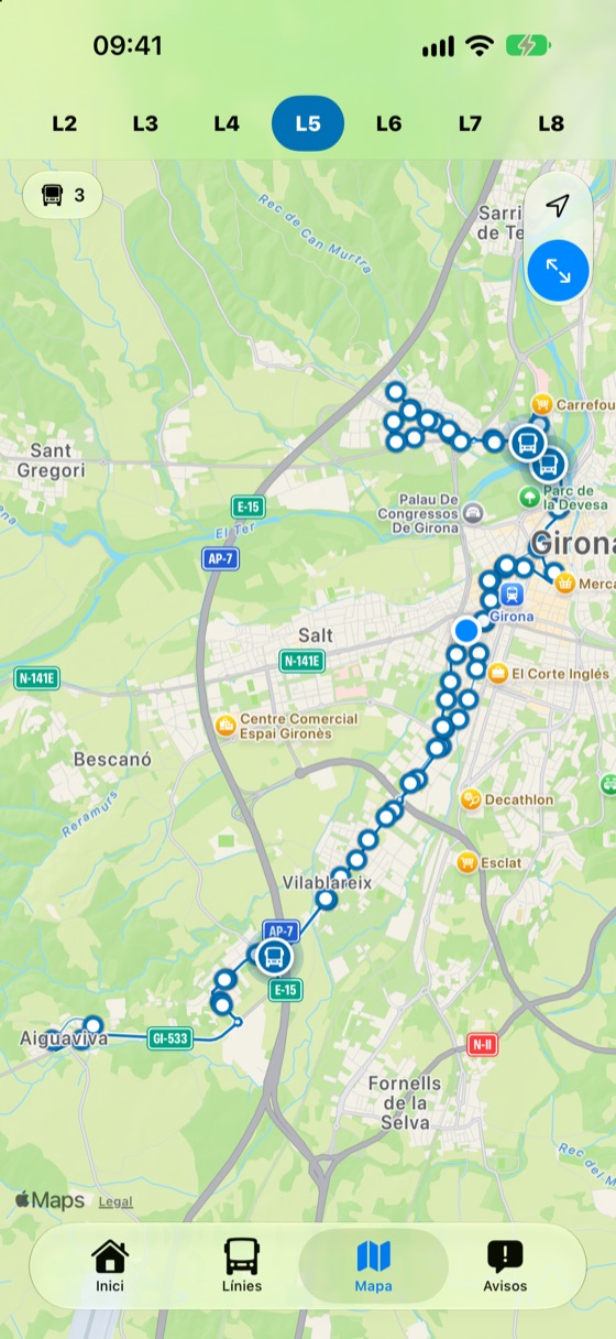 Mapa amb els busos d'una línia i les seves parades